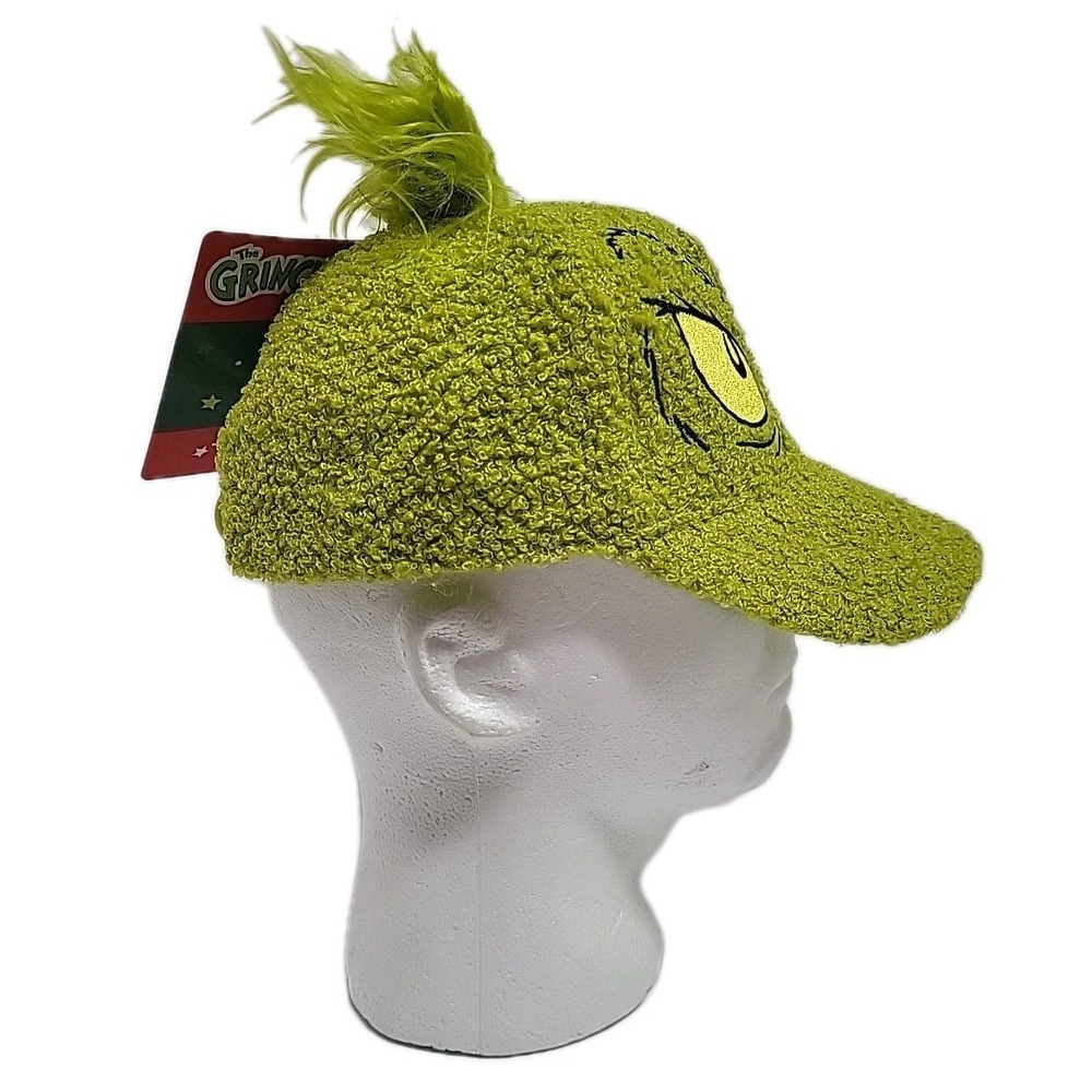 Dr Suess FUZZY The Grinch Hat Adjustable Cap Yellow Green Fuzzy NWT - Picture 3 of 8